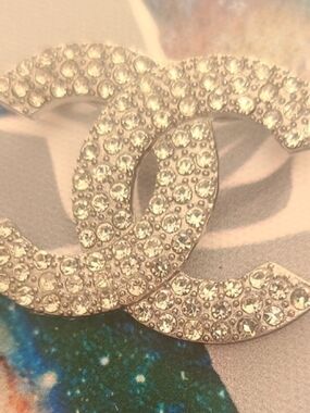 Silver Crystal CC Logo Brooch